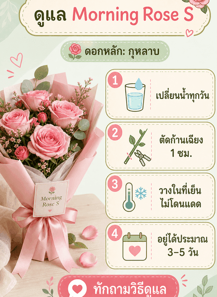 การ์ดดูแล Morning Rose S พร้อมชนิดดอก วิธีเปลี่ยนน้ำ ตัดก้าน วางช่อ อายุโดยประมาณ และ CTA