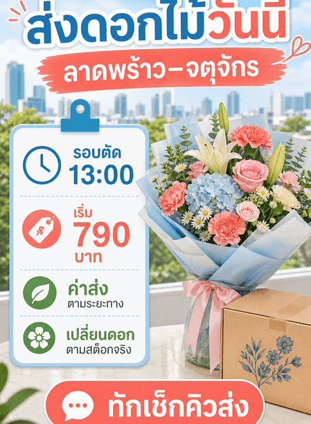โปสเตอร์ส่งดอกไม้วันนี้พร้อมพื้นที่ รอบตัด ราคาเริ่มต้น ค่าส่ง เงื่อนไขเปลี่ยนดอก และ CTA