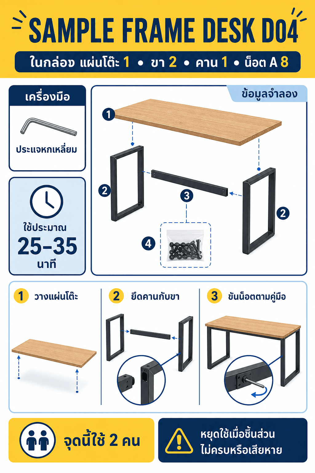 การ์ดประกอบ SAMPLE FRAME DESK แบบ exploded view พร้อมรายการชิ้นส่วนและขั้นตอนตัวอย่าง
