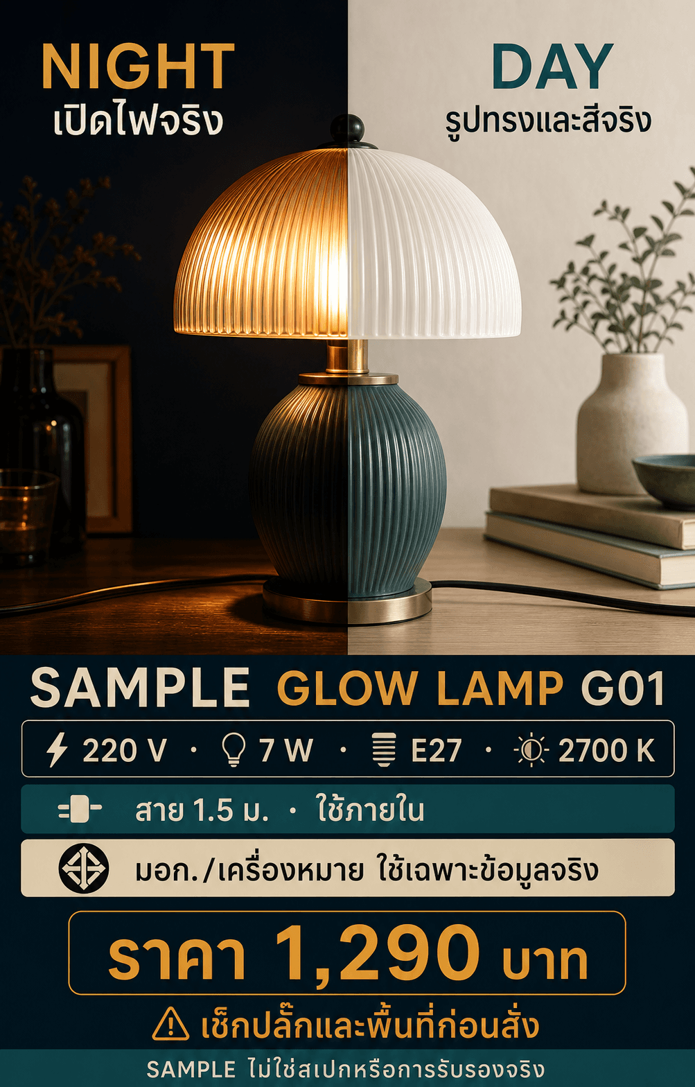 การ์ดโคมไฟ SAMPLE GLOW LAMP แสดงภาพเปิดปิดและสเปกไฟฟ้าตัวอย่าง