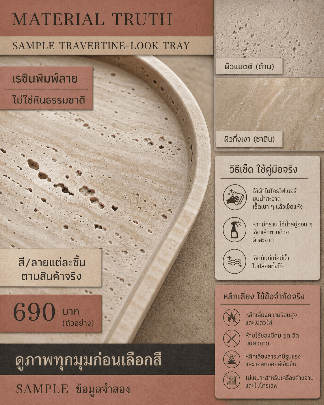 การ์ดถาด SAMPLE TRAVERTINE-LOOK แยกผิวเรซินพิมพ์ลายกับหินธรรมชาติอย่างชัดเจน