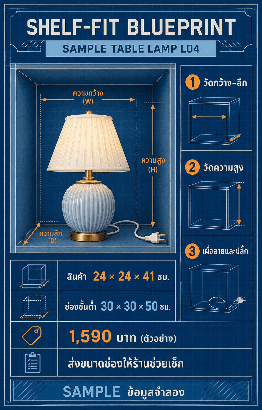 การ์ด SAMPLE TABLE LAMP แสดงขนาดโคม ช่องขั้นต่ำ และขั้นตอนวัดพื้นที่ตัวอย่าง