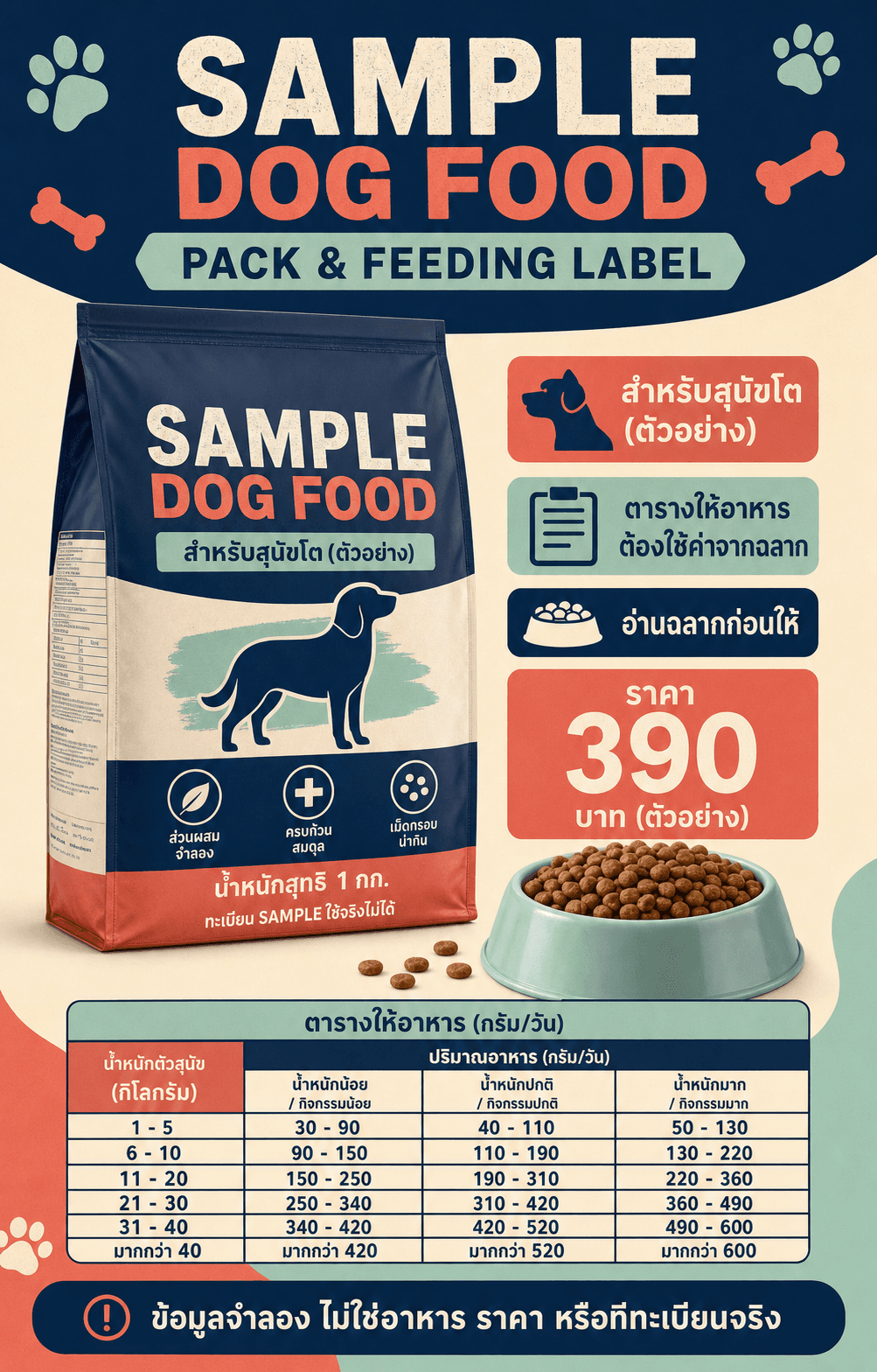 ภาพถุง SAMPLE DOG FOOD พร้อมชนิดสัตว์ น้ำหนัก ตารางให้อาหาร และข้อมูลจำลอง
