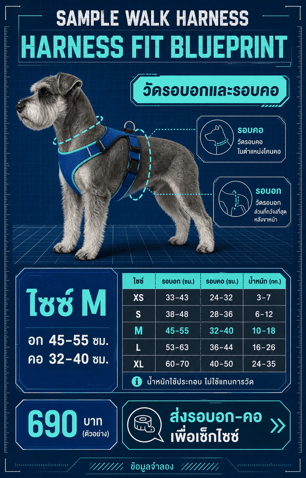 การ์ด SAMPLE WALK HARNESS แสดงจุดวัดอกและคอพร้อมไซซ์ตัวอย่าง