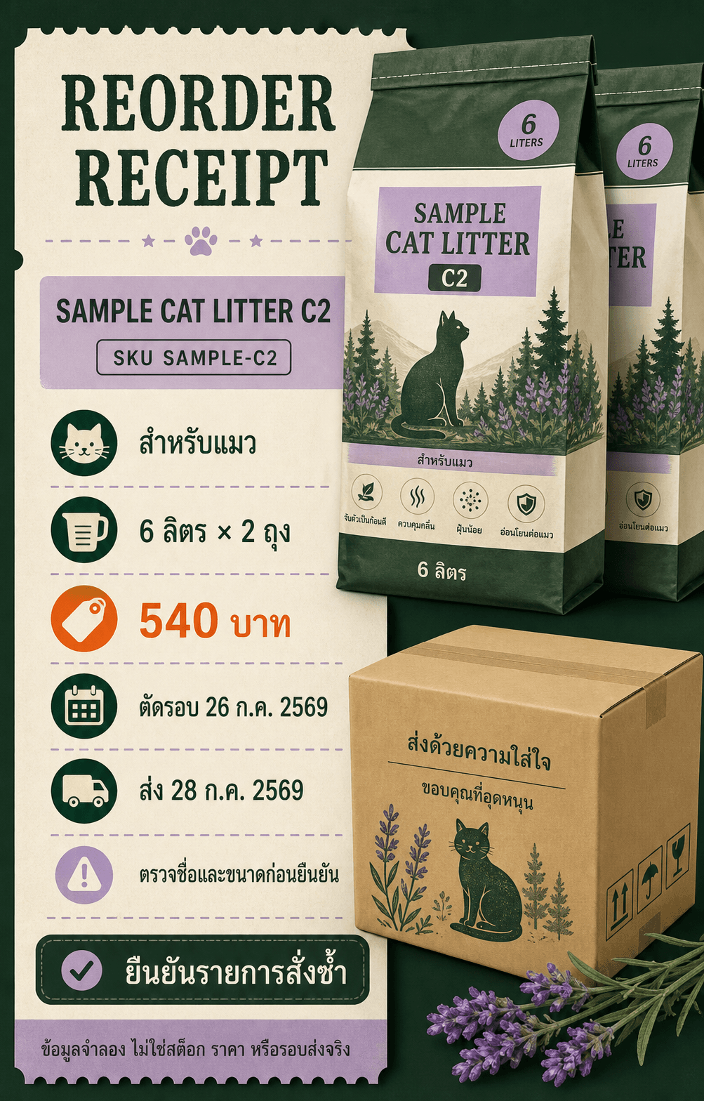การ์ดสั่งซ้ำ SAMPLE CAT LITTER C2 พร้อมขนาด จำนวน ราคา และรอบส่งจำลอง