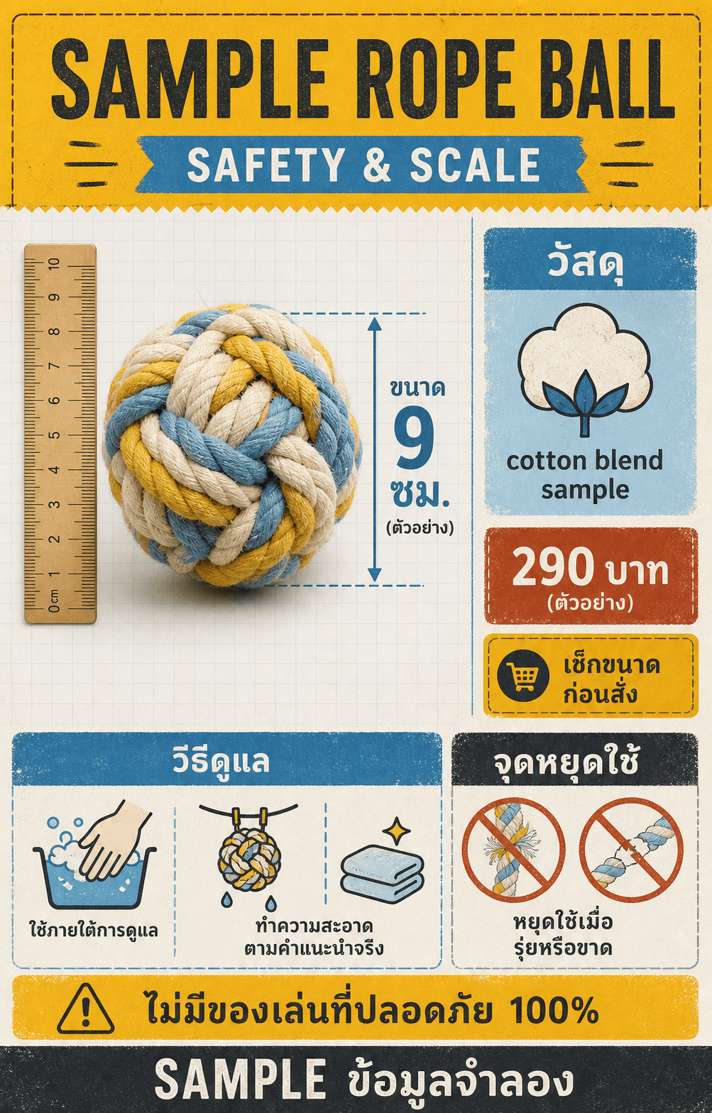 การ์ด SAMPLE ROPE BALL พร้อมขนาด วัสดุ การดูแล และจุดหยุดใช้จำลอง