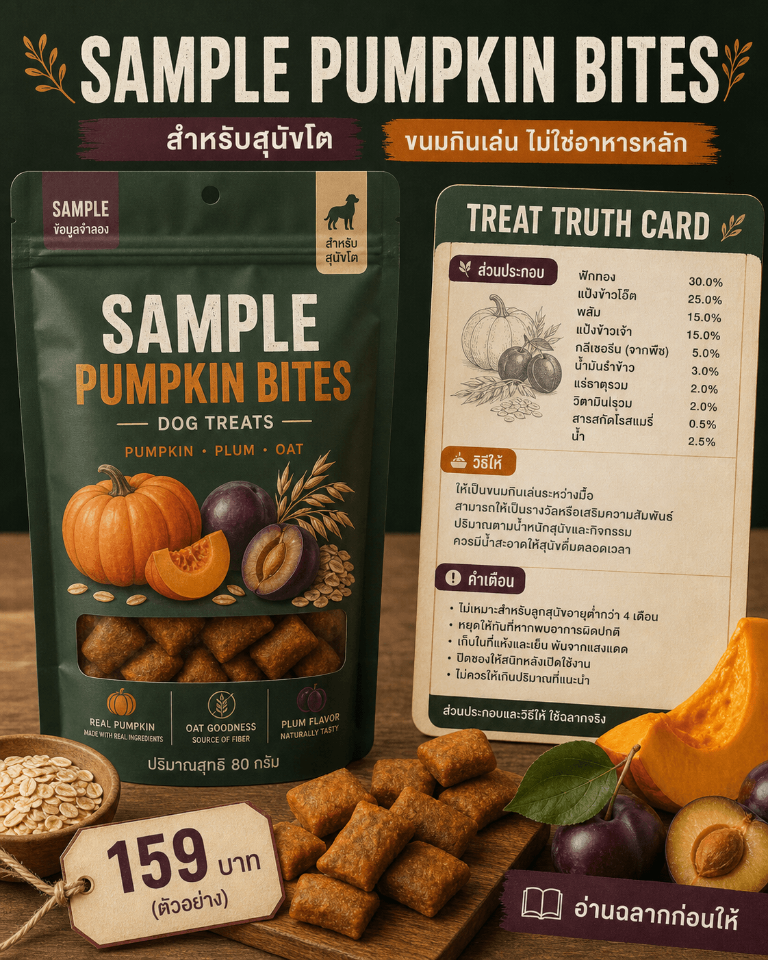 การ์ด SAMPLE PUMPKIN BITES พร้อมส่วนประกอบ ปริมาณ วิธีให้ และคำเตือนจำลอง