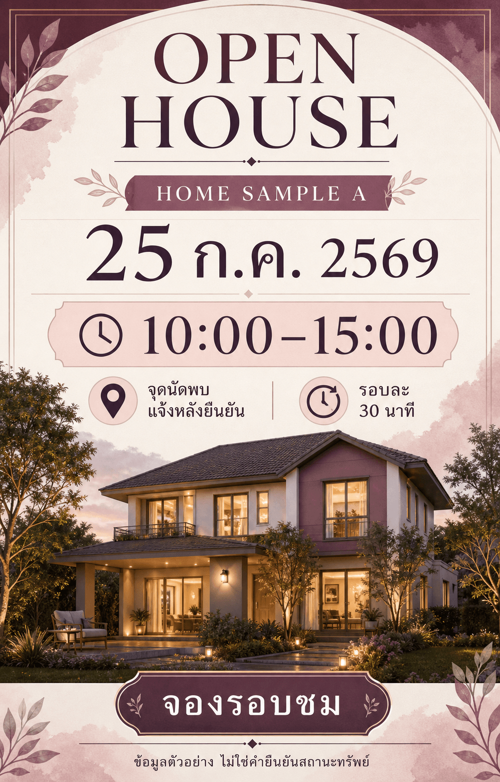 โปสเตอร์ OPEN HOUSE บ้านตัวอย่างวันที่ 25 กรกฎาคมพร้อมรอบชมและคำกำกับ
