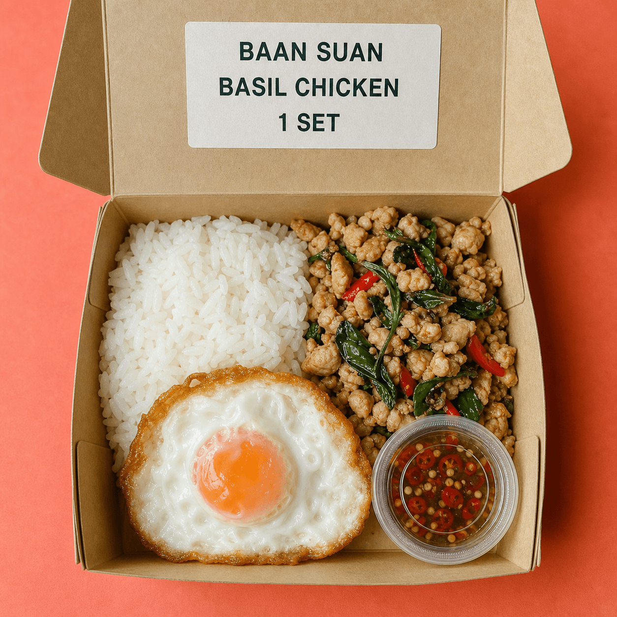 กล่อง BAAN SUAN BASIL CHICKEN 1 SET มีข้าว กะเพราไก่ ไข่ดาว และน้ำปลาพริก