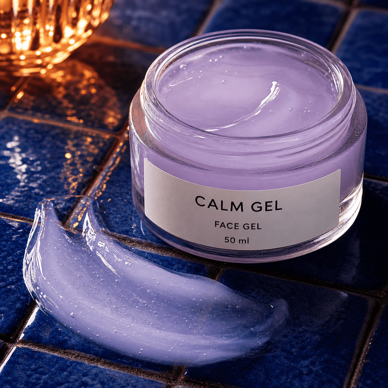 กระปุก CALM GEL FACE GEL 50 ml กับเนื้อเจลสีม่วงบนกระเบื้องสีน้ำเงิน