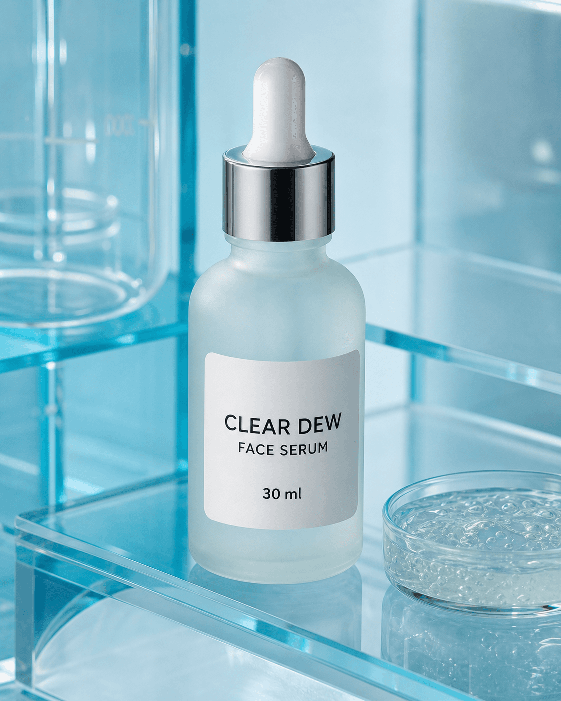 ขวด CLEAR DEW FACE SERUM 30 ml บนชั้นอะคริลิกสีฟ้าพร้อมจานเนื้อเจลใส