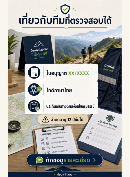 การ์ดเที่ยวกับทีมที่ตรวจสอบได้ พร้อมใบอนุญาต ไกด์ ประกัน ข้อจำกัด และ CTA