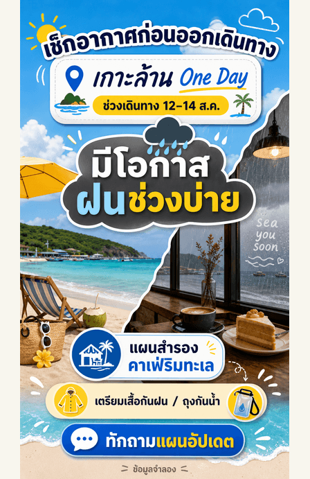 Story เช็กอากาศก่อนออกเดินทางพร้อมชื่อทริป ช่วงเดินทาง สภาพอากาศ แผนสำรอง และ CTA