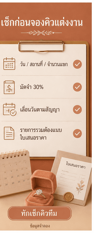 การ์ดเช็กก่อนจองคิวงานแต่งพร้อมวัน สถานที่ จำนวนแขก มัดจำ สัญญา และ CTA