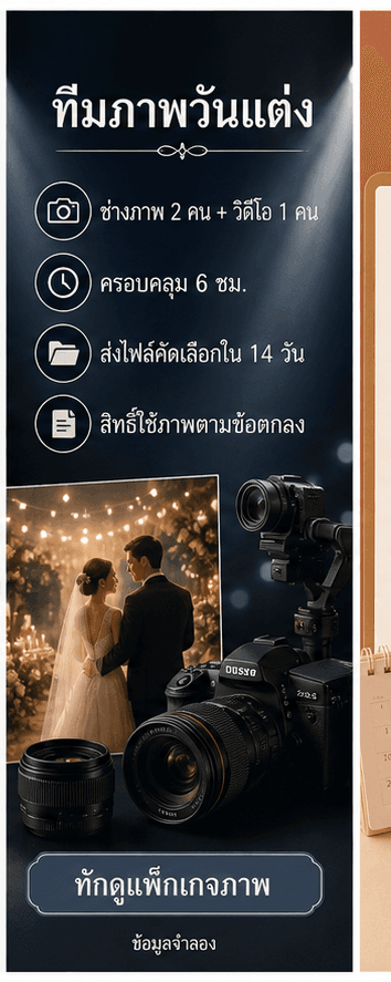 การ์ดทีมภาพวันแต่งพร้อมจำนวนช่างภาพ วิดีโอ ชั่วโมงส่งงาน สิทธิ์ใช้ภาพ และ CTA