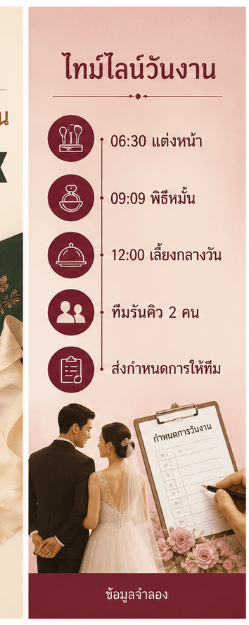 Story ไทม์ไลน์วันแต่งพร้อมเวลาแต่งหน้า พิธี เลี้ยงกลางวัน ทีมรันคิว และ CTA