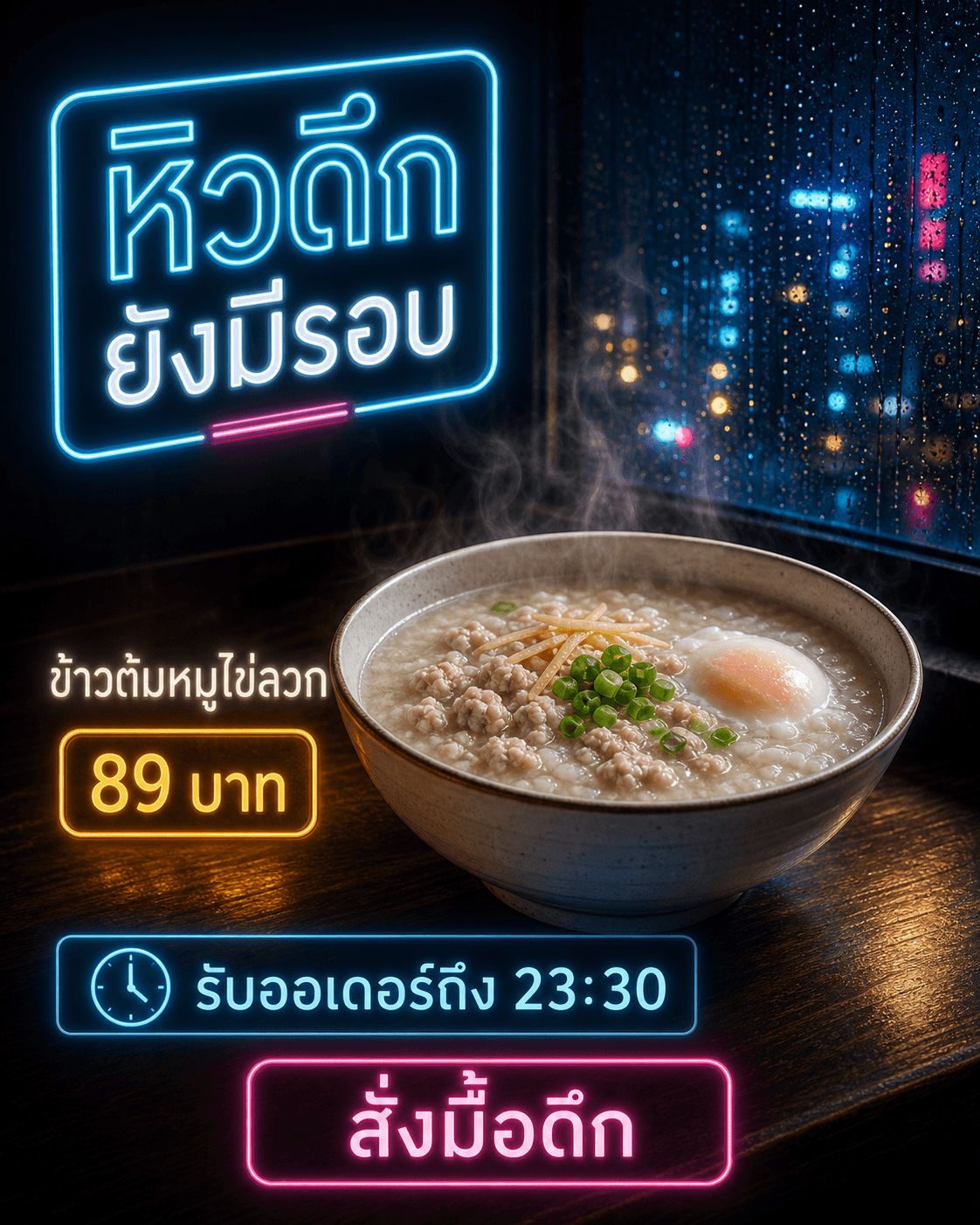 แบนเนอร์ข้าวต้มหมูไข่ลวกรอบดึก ราคา 89 บาท รับออเดอร์ถึง 23:30 และ CTA สั่งมื้อดึก