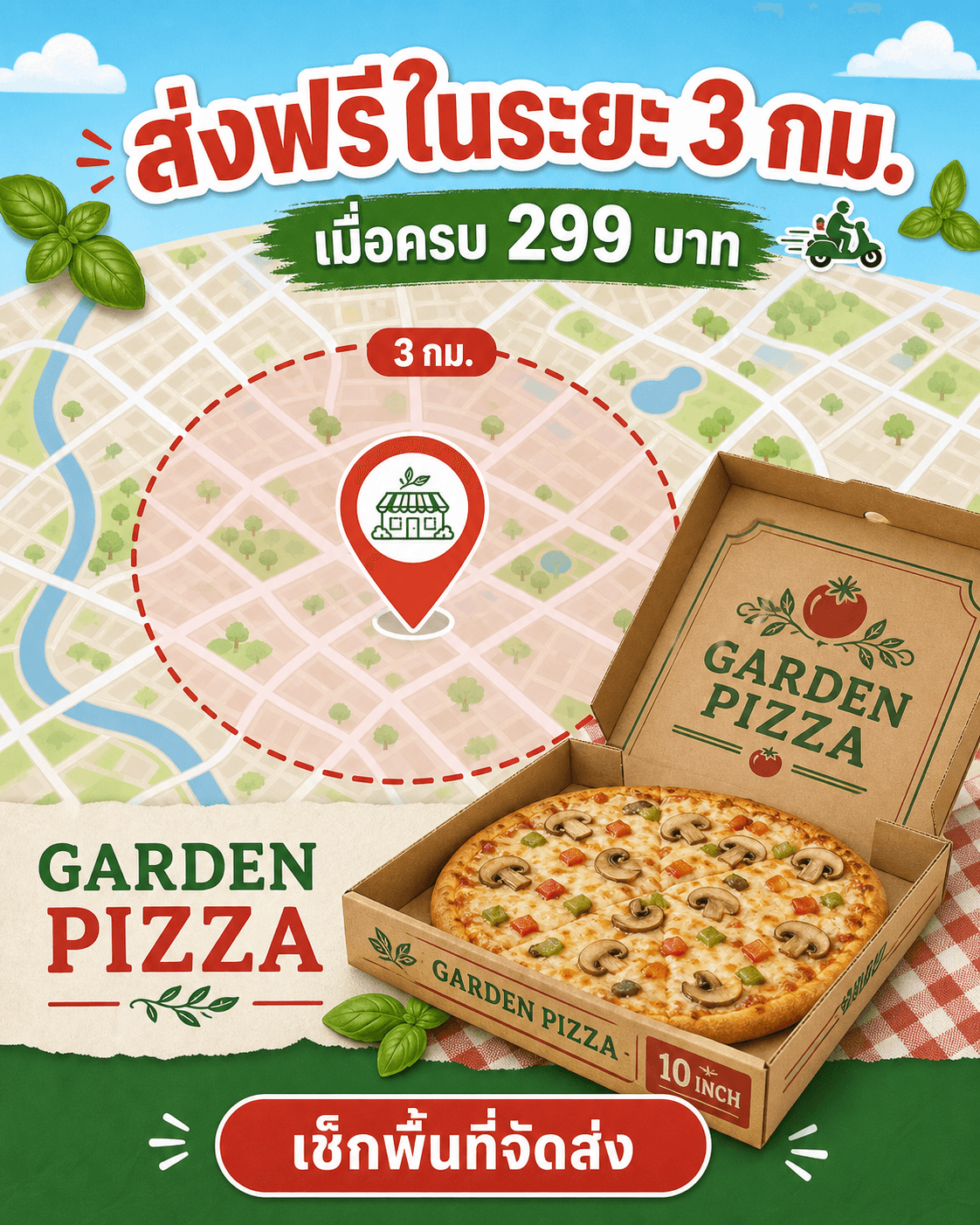 แบนเนอร์ GARDEN PIZZA แสดงวงรัศมีส่งฟรี 3 กิโลเมตรเมื่อครบ 299 บาท พร้อม CTA เช็กพื้นที่จัดส่ง