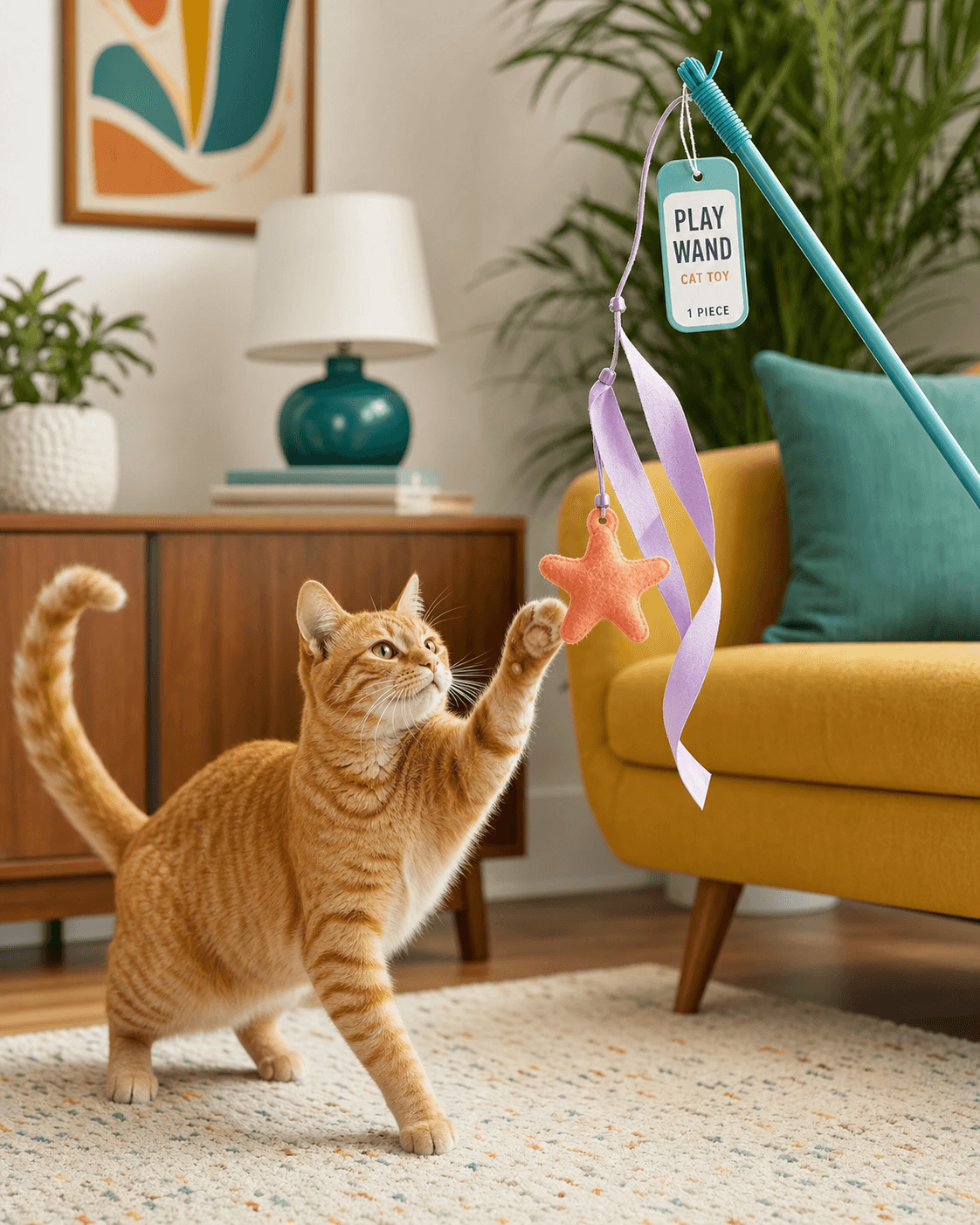 ภาพแมวเล่น PLAY WAND CAT TOY 1 PIECE คัน teal ริบบิ้น lilac และดาวผ้า coral