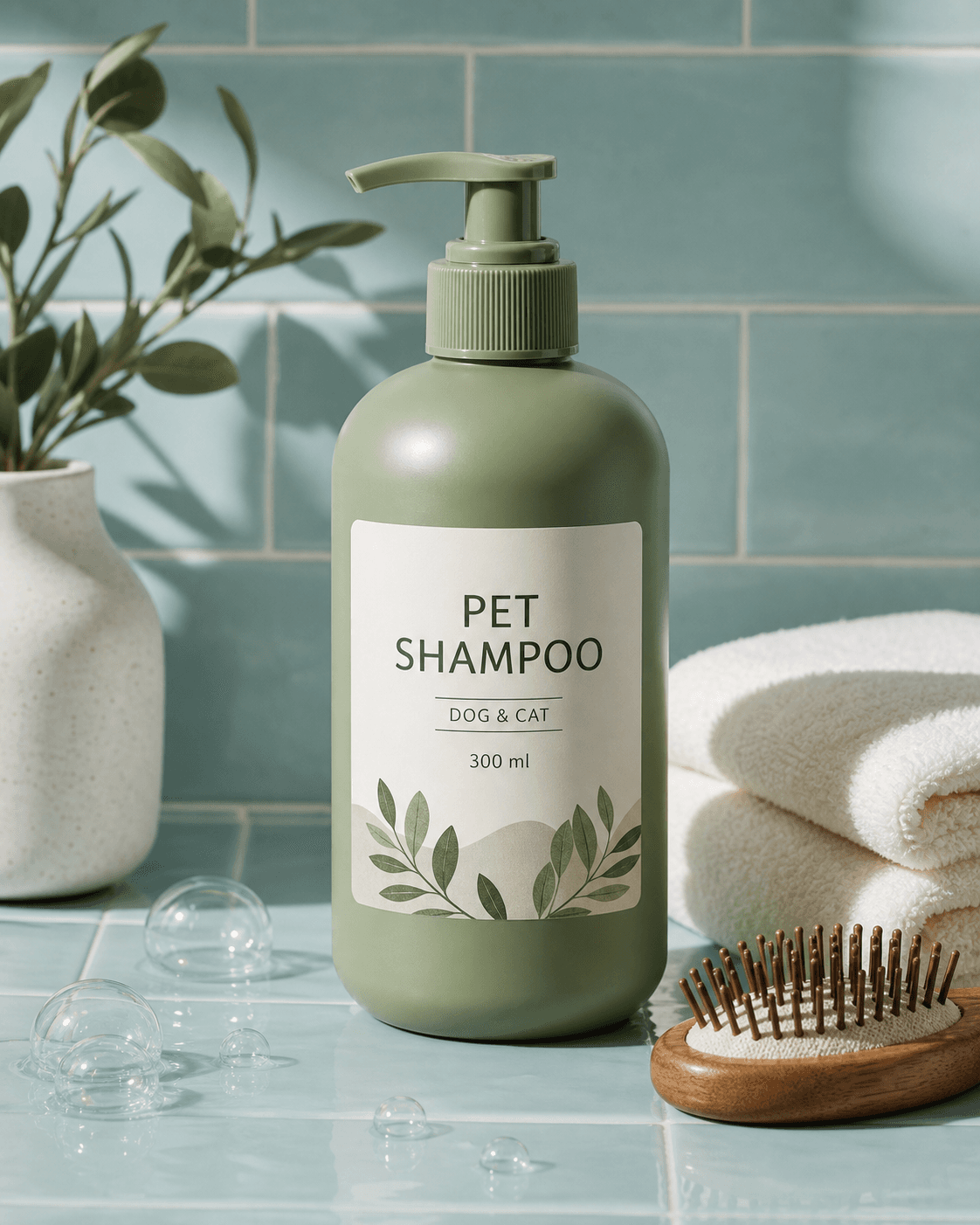 ภาพขวด PET SHAMPOO DOG & CAT 300 ml สี sage ในฉาก grooming spa