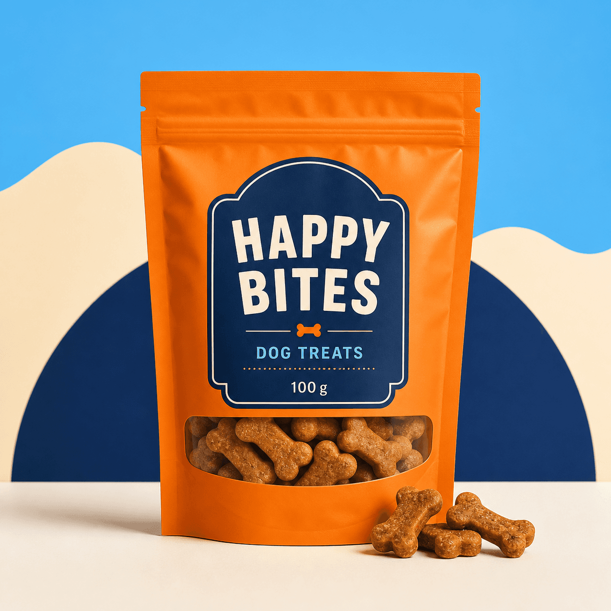 ภาพปกถุง HAPPY BITES DOG TREATS 100 g สีส้ม ฉลาก navy บนฉากฟ้าและครีม