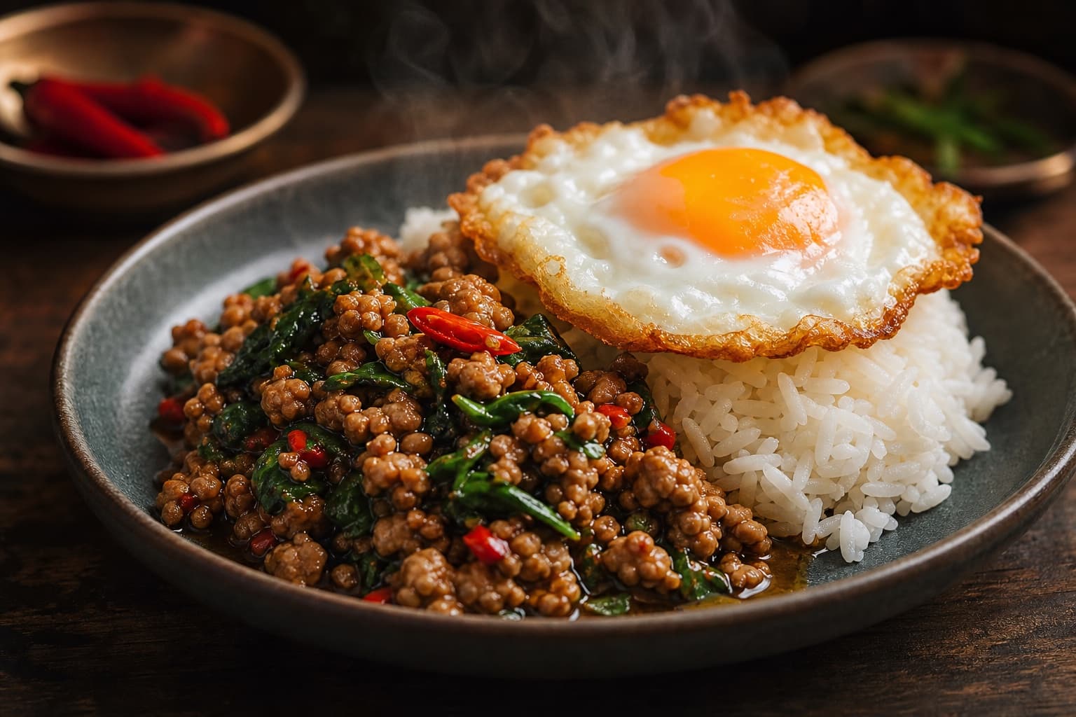 ข้าวกะเพราไข่ดาวถ่ายระยะใกล้ในแสงอุ่นสำหรับโพสต์ Facebook