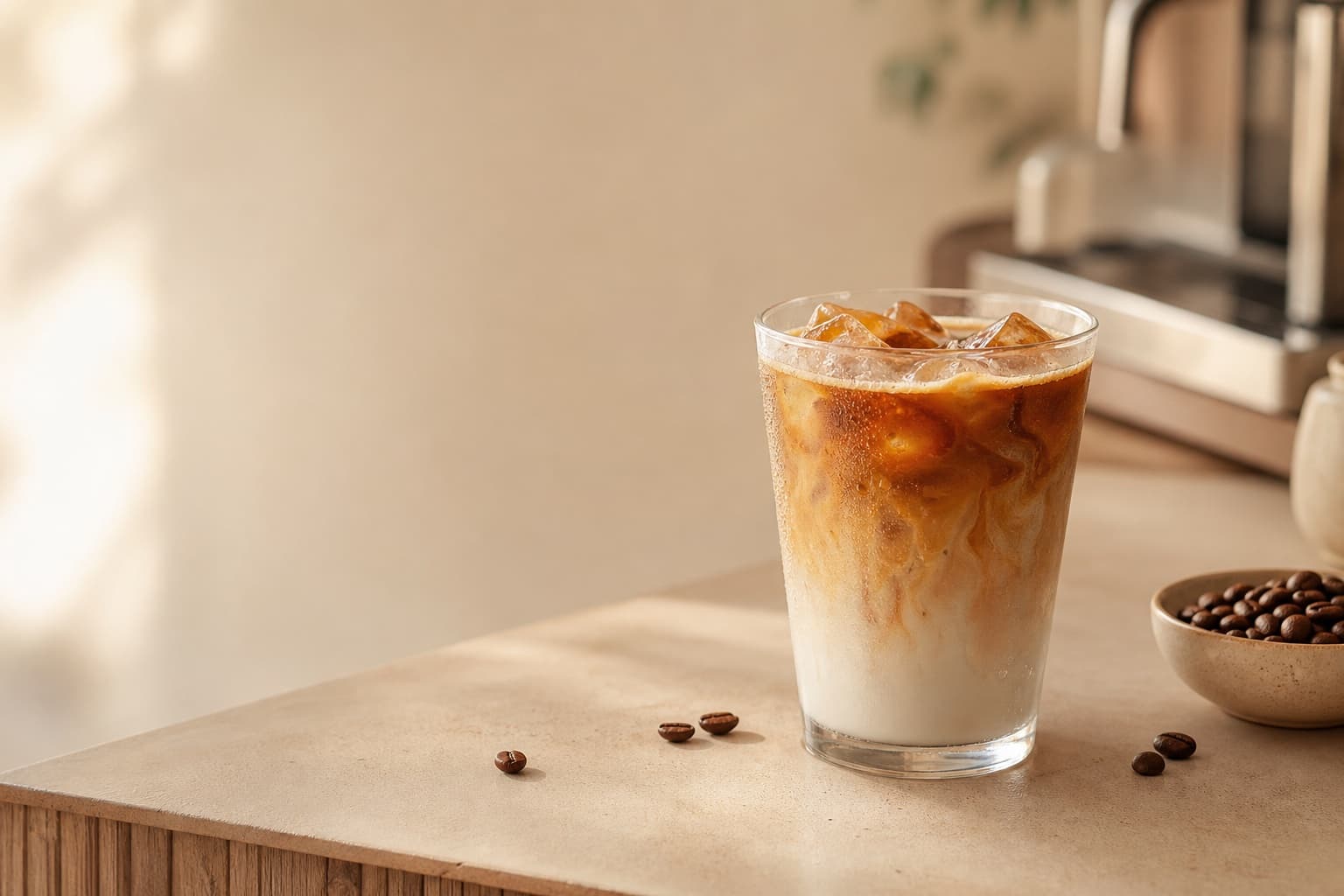 กาแฟเย็นแก้วใสมีชั้นนมและกาแฟบนเคาน์เตอร์คาเฟ่สีครีม