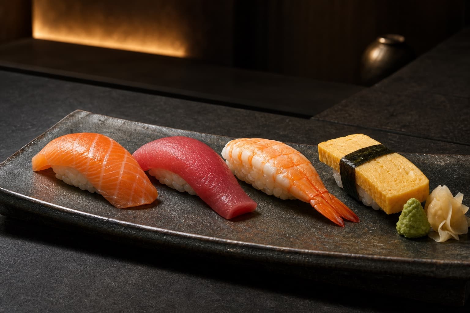 ซูชิแซลมอน ทูน่า กุ้ง และไข่หวานบนจานเซรามิกสีเข้ม