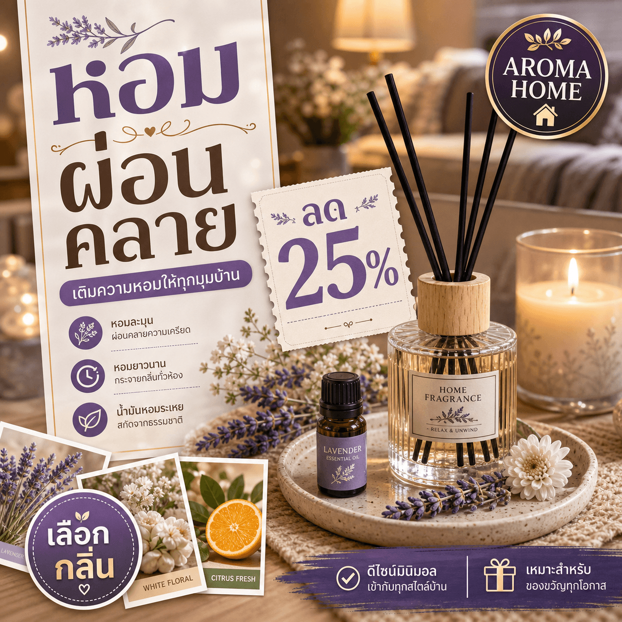 ตัวอย่างโฆษณาน้ำหอมบ้านพร้อมเลย์เอาต์คอลลาจ