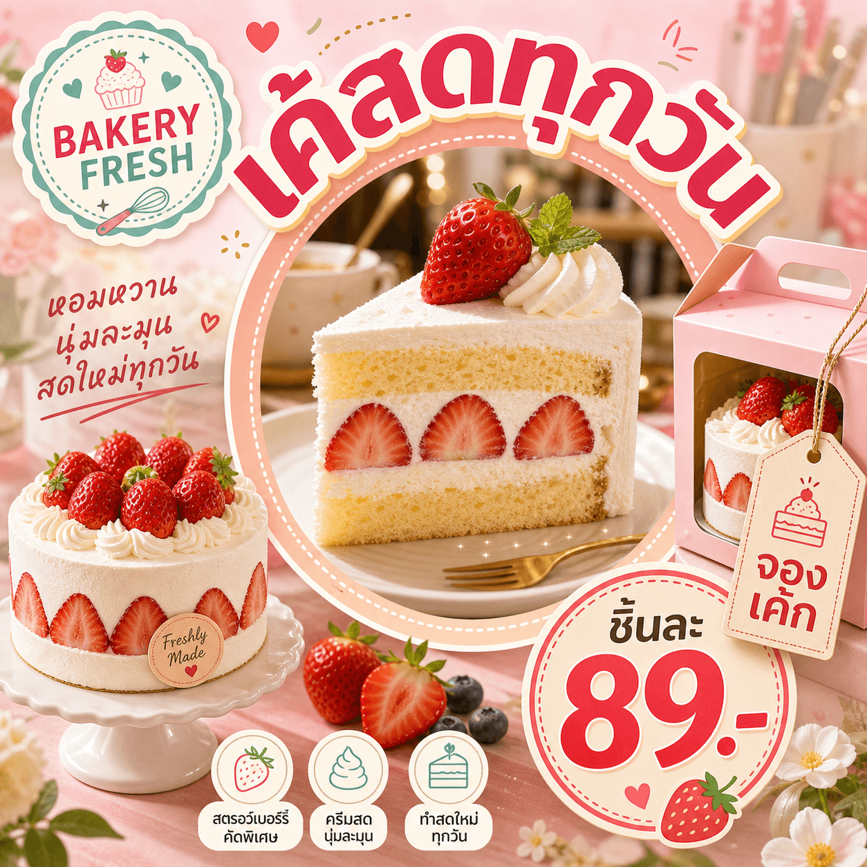 ตัวอย่างโฆษณาเบเกอรี่พร้อมข้อความโค้งรอบสินค้า