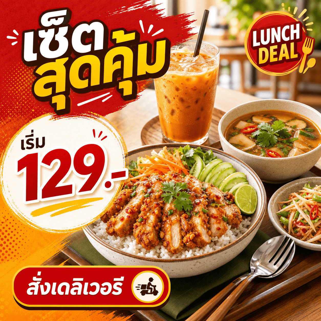 ตัวอย่างโฆษณาเมนูอาหารพร้อมข้อความโปรโมชัน