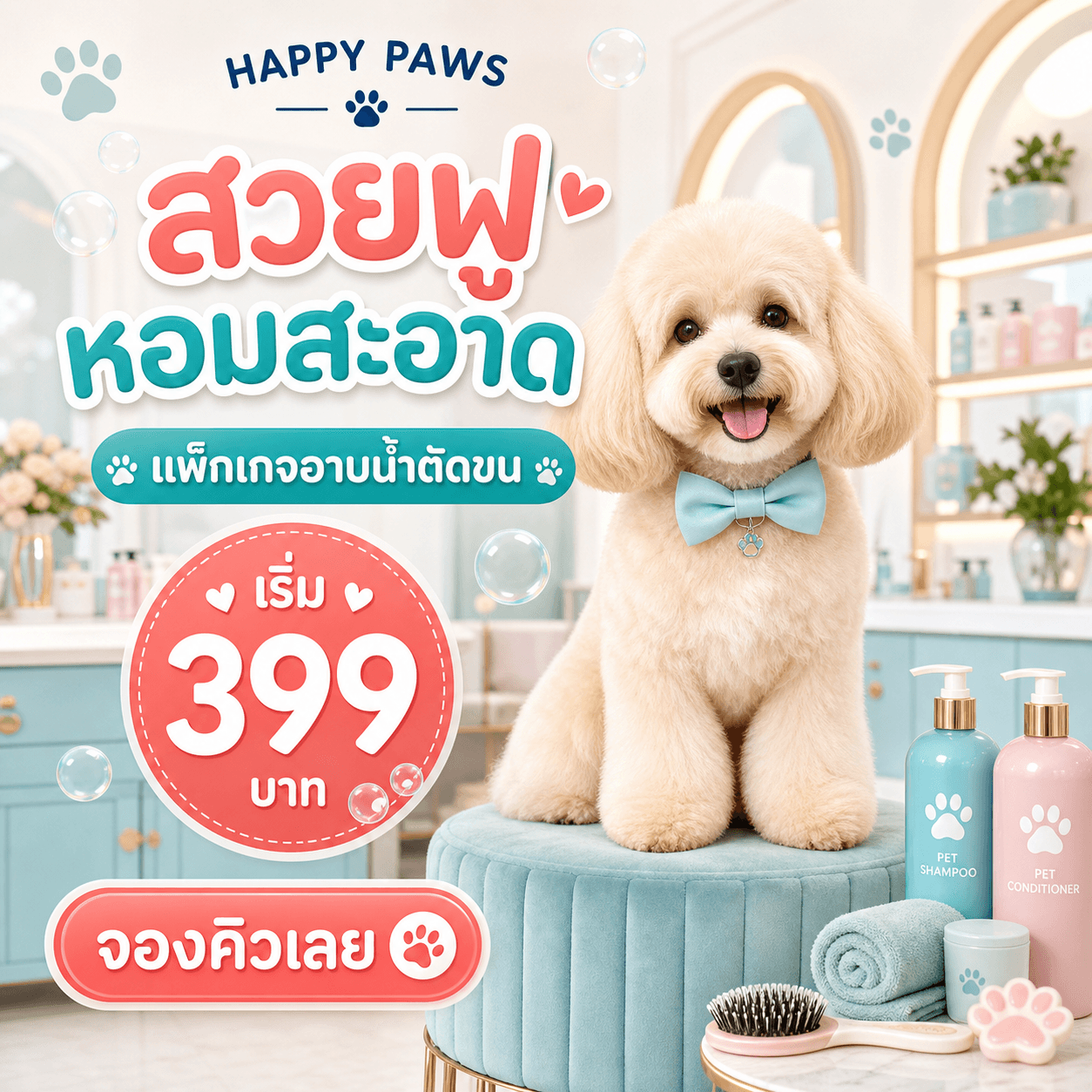 ตัวอย่างโฆษณาร้านตัดขนสัตว์เลี้ยงพร้อมข้อความ